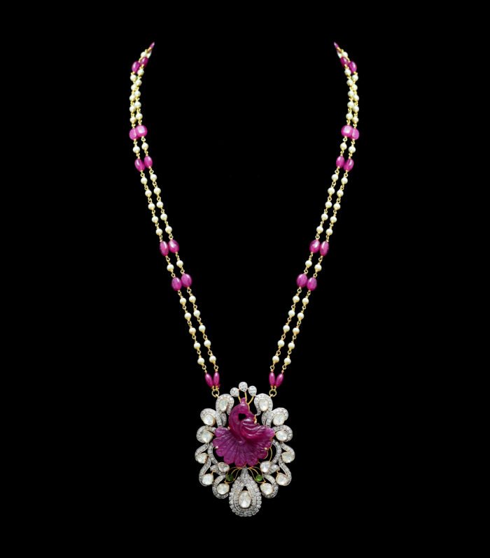 Heritage Ruby Bird & Diamond Polki Pendant in 14K Gold