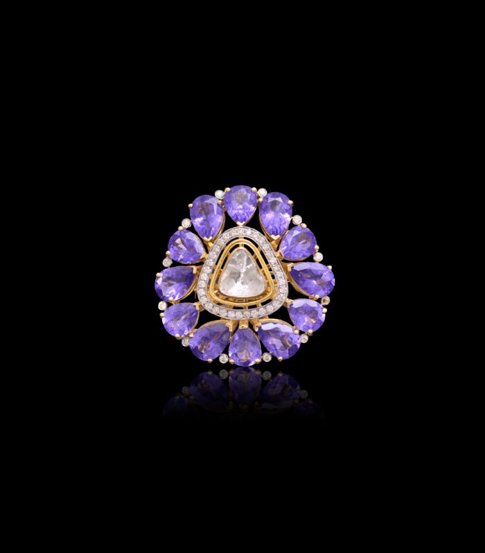 Polki Ring with Elegant Blue Stone in 14K Gold
